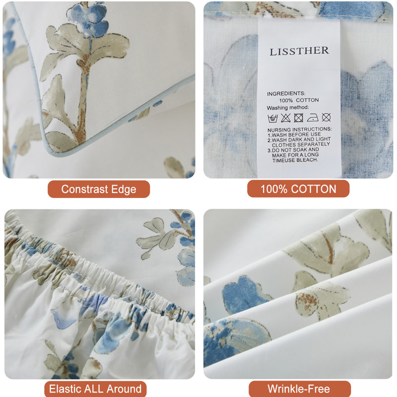 Ensemble de draps-housse 100% coton égyptien, ensemble de literie 4 pièces à aquarelle bleue luxueuse à densité de tissage 800 fils, pour chambre d'amis
