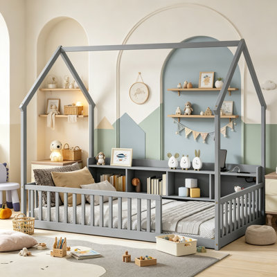 Wood Montessori Floor Bed with LED Lights and Storage Shelf for Transition, Kids Low Bed with Charging Station and Roof Frame for Boys and Girls, Twin Size, Grey