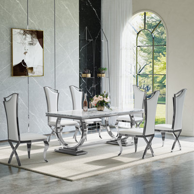 Ensemble de salle à manger 7 pièces 7 pièces - Table en placage de marbre 70 po avec base en acier inoxydable et 6 chaises rembourrées