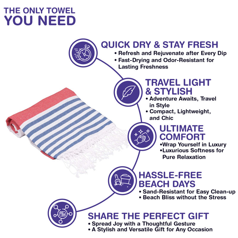 Quiniyah 100% Cotton Beach Towel, Red/Blue