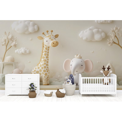 Papier peint animaux pastel safari - Girafe et éléphant pour chambre de bébé, motif de chambre de bébé dans les tons beiges