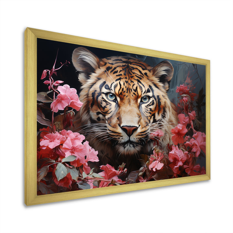 Tigre romantique sur toile, Encadrement doré, H 16 po x l 32 po x P 1 po