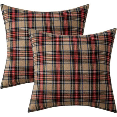 Winter Farmhouse Plaid Pillow Covers - Set of 2 Tartan Cushion Cases for Sofa Couch Decor - Scottish Retro Square Throw Pillows - Khaki Holiday Accent