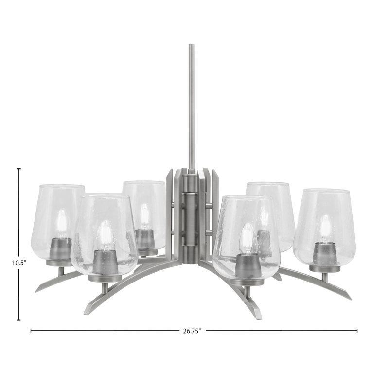 Lustre à 6 lumières kurve présenté dans une finition graphite avec verre à bulles transparent de 5 po