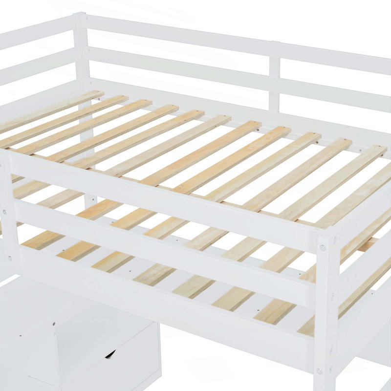 Lit mezzanine en bois avec 7 tiroirs de rangement, 2 tablettes et bureau, Full, White