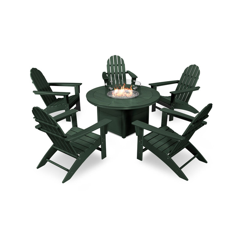 POLYWOOD Vineyard Adirondack 6-Piece Chat Set with Fire Pit Table, Green