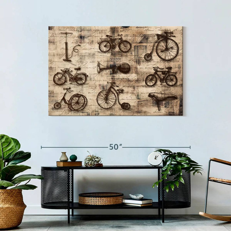 Vélo rétro sur toile rétro, H 30 po x l 45 po x P 1,25 po