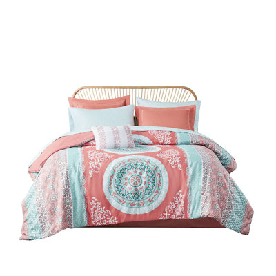 Coral Queen Bed Comforter With Sheets - Medallion, 1 Pillow, Stylish , Easy Care