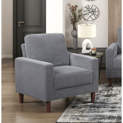Fauteuil moderne en velours côtelé gris avec coussin et structure confortables, coussin de siège rembourré avec support de poids de 300 lb, pieds en faux bois brun, assemblage simple
