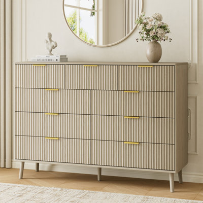 Commode double cannelée à 9 tiroirs de 55,1 po de largeur pour chambre à coucher, commode moderne avec tiroirs profonds, conception à profil courbé, rangement de tiroir en bois pour le salon, le couloir, la chambre de bébé, le placard de couloir