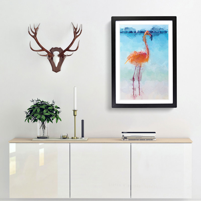 Lone Flamingo in Abstract - Picture Frame Graphic Art Print, 50cm H x 35cm W x 2cm D, Black