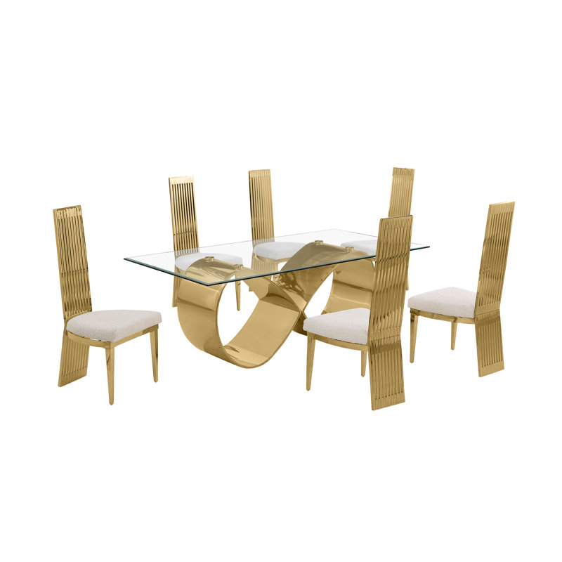 High Class Dining Set With Clear Glass Table And Stainless Steel Frame, Gold