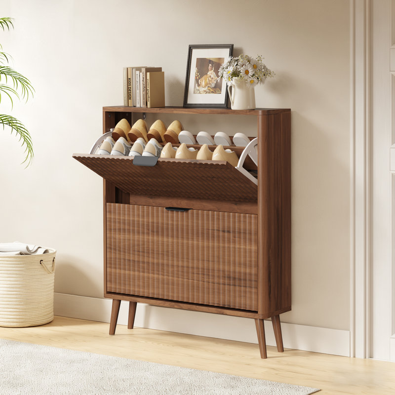Shoe Cabinet With 2 Flip Drawers, Wooden Shoe Organizer With Hidden Storage, For Hallway And Entryway, Brown 