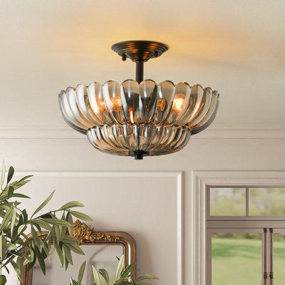 Plafonnier semi-encastré 3 lumières en verre cannelé gris fumé 16 po, noir mat