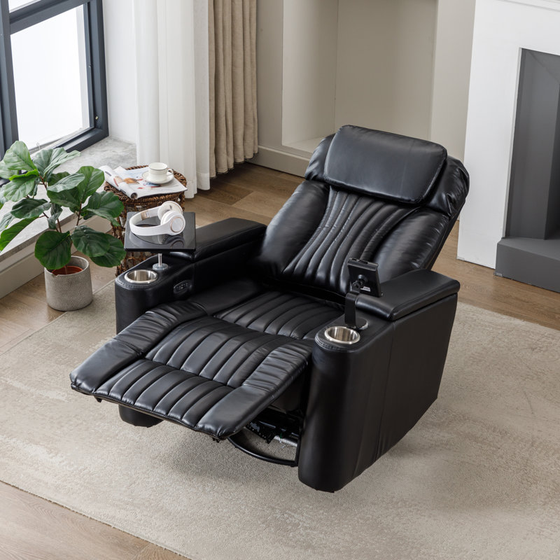 270° Power Swivel Recliner With Hidden Arm Storage And LED Light Strip,Cup Holder,360° Swivel Tray Table,And Cell Phone Holder ,Grey