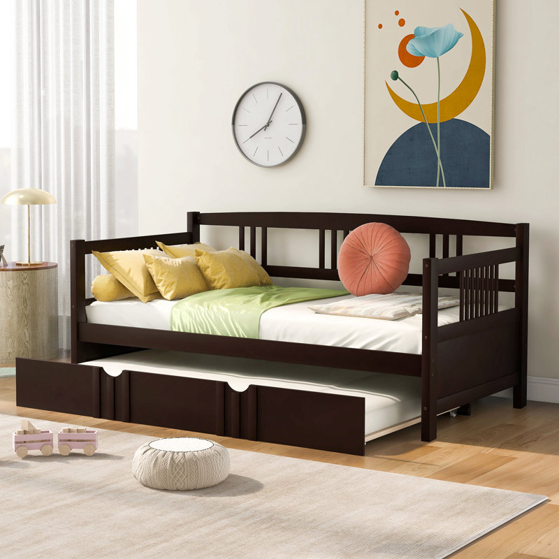 Twin Size Daybed Wood Bed With Twin Size Trundle, Solid Pine Wood Frame, Espresso Finish, Twin, Brown
