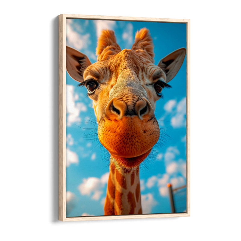 Giraffe portrait with the sky behind Canvas Floater Frame Print Picture Art - Light Oak Frame, 91.44cm H x 60.96cm W