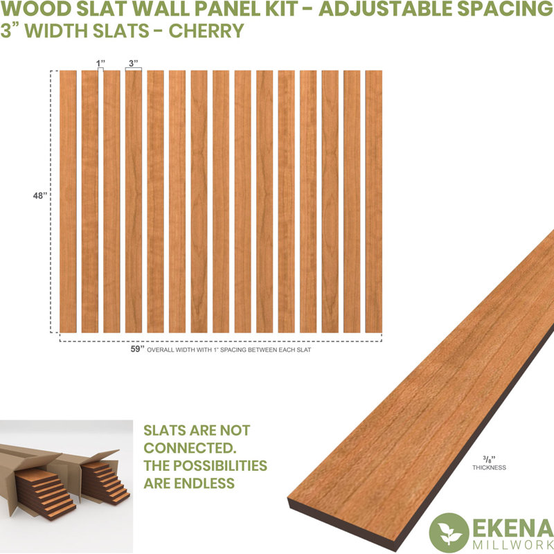 Adjustable Wood Slat Wall Panel Kit, Cherry, 1"W x 47"H x 0.25"T