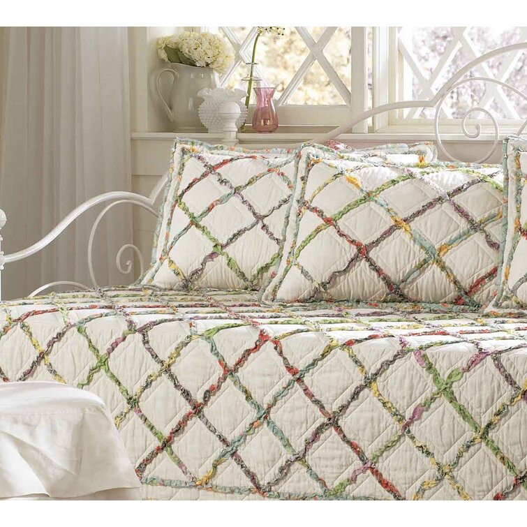 Garden Dream by C&F, 100% cotton floral design quilt, machine washable,  cotton filled quilt, oversize, handcrafted, ruched edging on three sides,  ruffled throw pillow, coordinating bed skirt and Euro shams