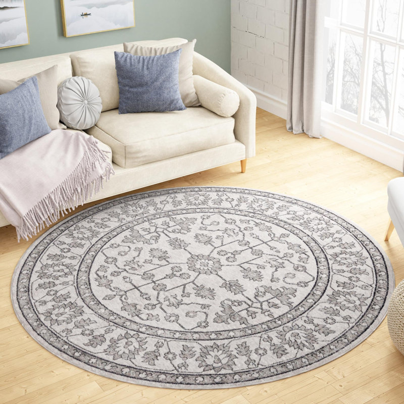 Tapis traditionnel gris foncé ivoire, Rond 3 pi 3 po