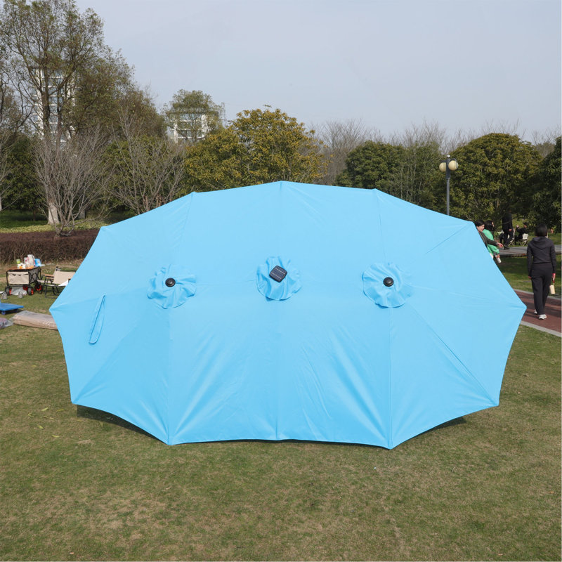 Grand parasol rectangulaire double 15 x 9 pi pour l'extérieur avec lumière et base, Blue