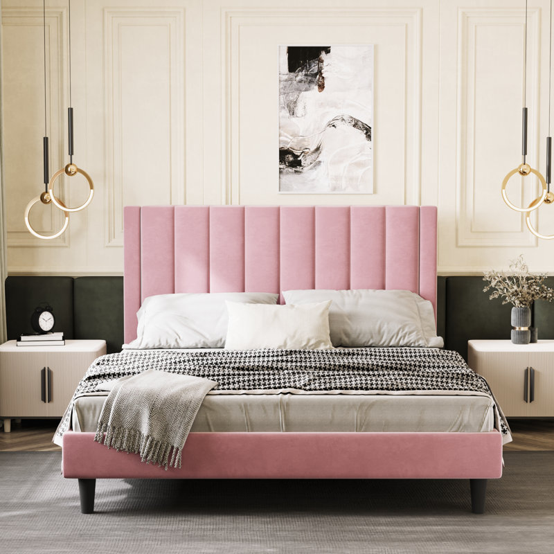 Lit plateforme tapissier Ozella - Aucun sommier requis, assemblage facile, Grand lit, Rose