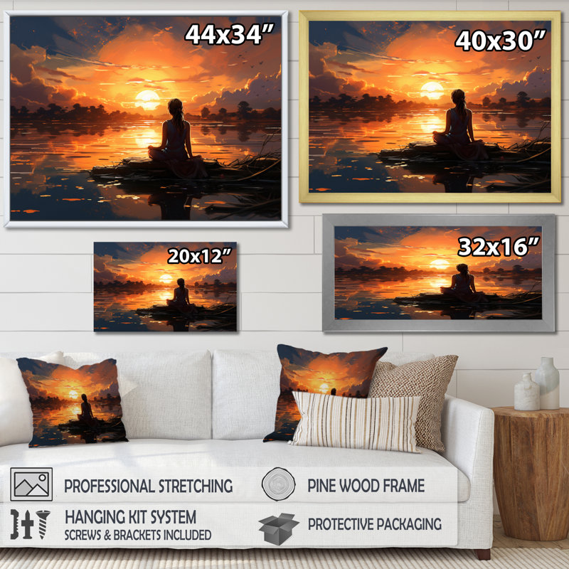 «Orange Black Yoga At Sunset I», reproduction d'art sur toile, H 24 po x l 32 po x P 1 po, Argent