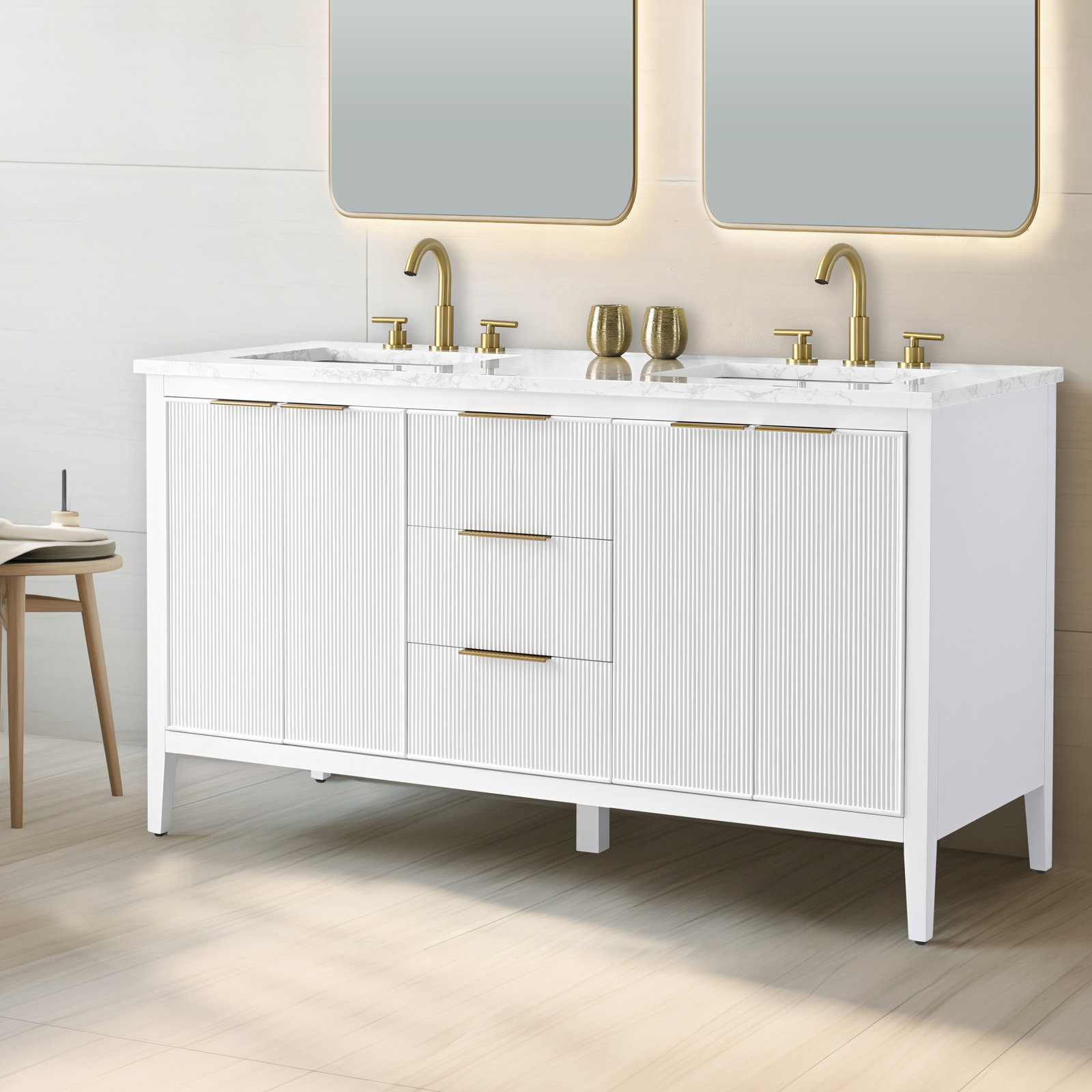 Bilroy 60" Pine Double Bathroom Vanity, White/Brushed Bronze