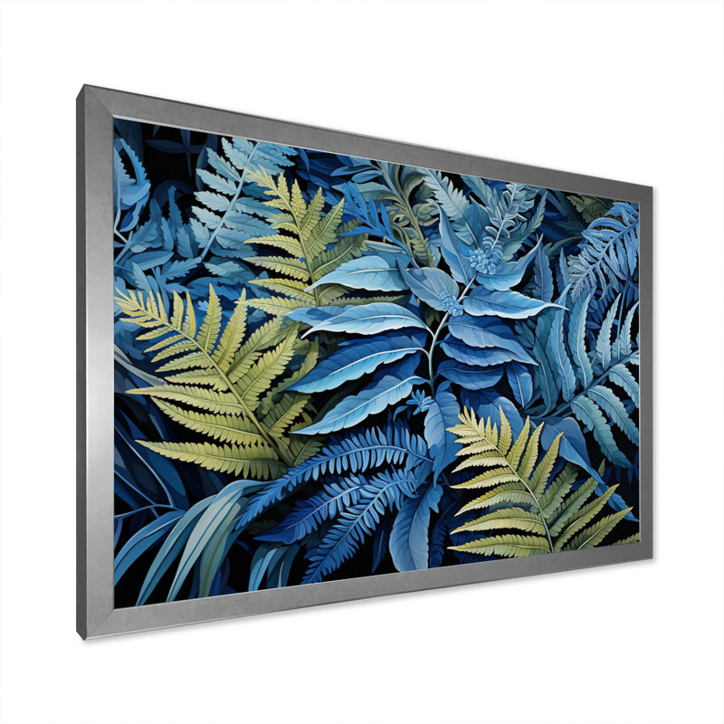 Herby Blue Ferns Cobalt Serenade II - Print, Cadre simple argenté, H 16 po x l 32 po x P 1 po