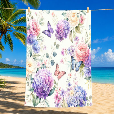 1 serviette de plage aquarelle à motif de papillons, hortensias et pivoines vibrantes, grande microfibre absorbante pour piscine, voyage, yoga, scène de jardin décorative