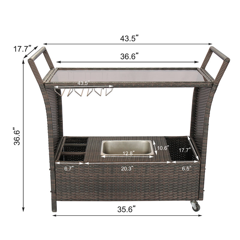Chariot-bar de 43,5 po de largeur avec rangement pour bouteilles de vin