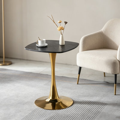 Square Tulip Dining Table for 2-4 Persons, 24 Inch Small Kitchen Table with Sturdy Golden Metal Pedestal Base, Modern Bistro Table for Small Space, Apartment, Cafe, Office, Living Room (White & Gold)