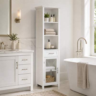 Freestanding Bathroom Linen Tower Storage Cabinet with Glass Door, Drawer, Open Shelves & Adjustable Shelves, White