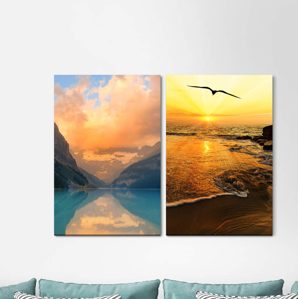 2-tlg. Leinwandbilder-Set - Fotografie „Mountains Sea Horizon Gull Sunset Freedom Peace”