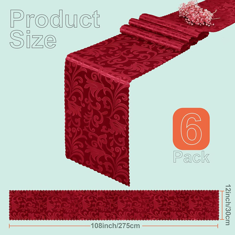 Satin Table Runner – Red – Long Smooth Damask, Silky Jacquard, Wedding, Banquet & Party Decor
