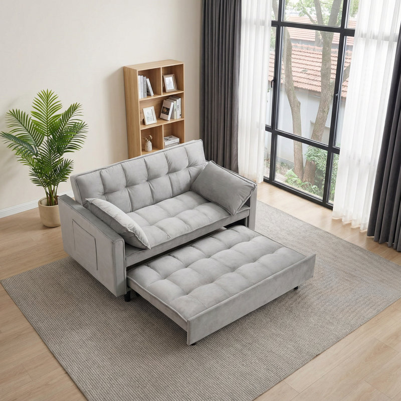 55" Velvet Convertible Sleeper Loveseat, Space-saving Sofa Bed With Tufted Design & Side Pocket, Gray