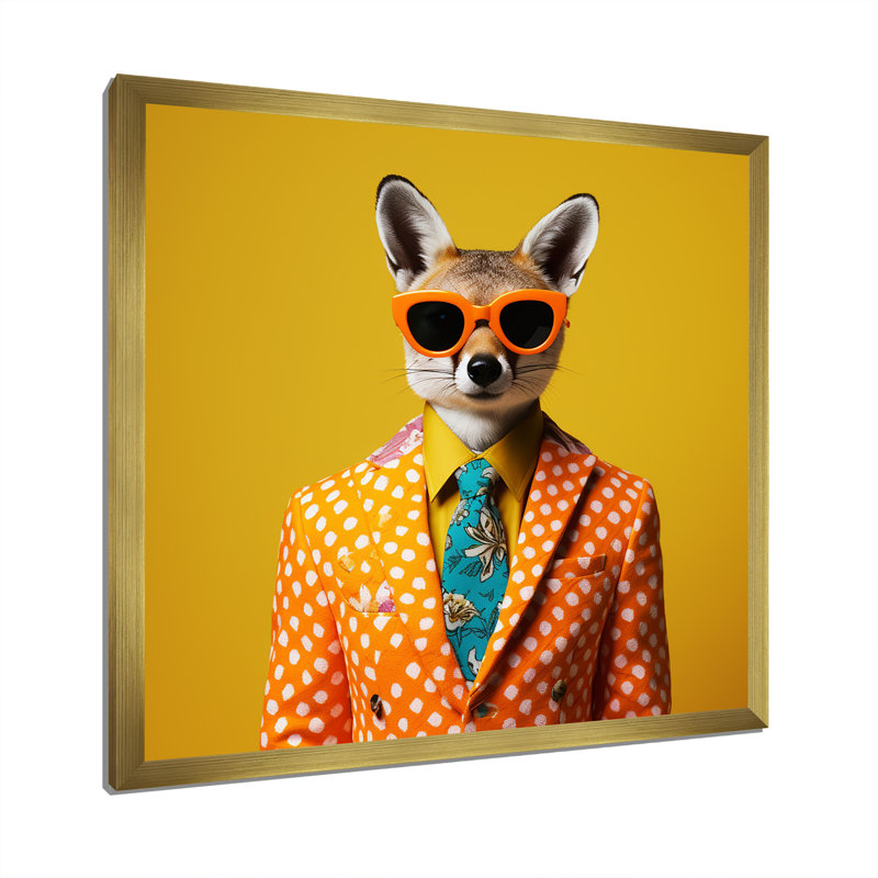 Jaune et orange habillé de renard, mode I - renard, art mural animal, Encadrement doré, H 36 po x l 36 po x P 1,5 po