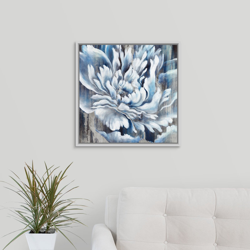 « indigo fleur iii », peinture sur toile, Cadre flottant blanc, H 21,7 po x l 21,7 po x p 1,75 po