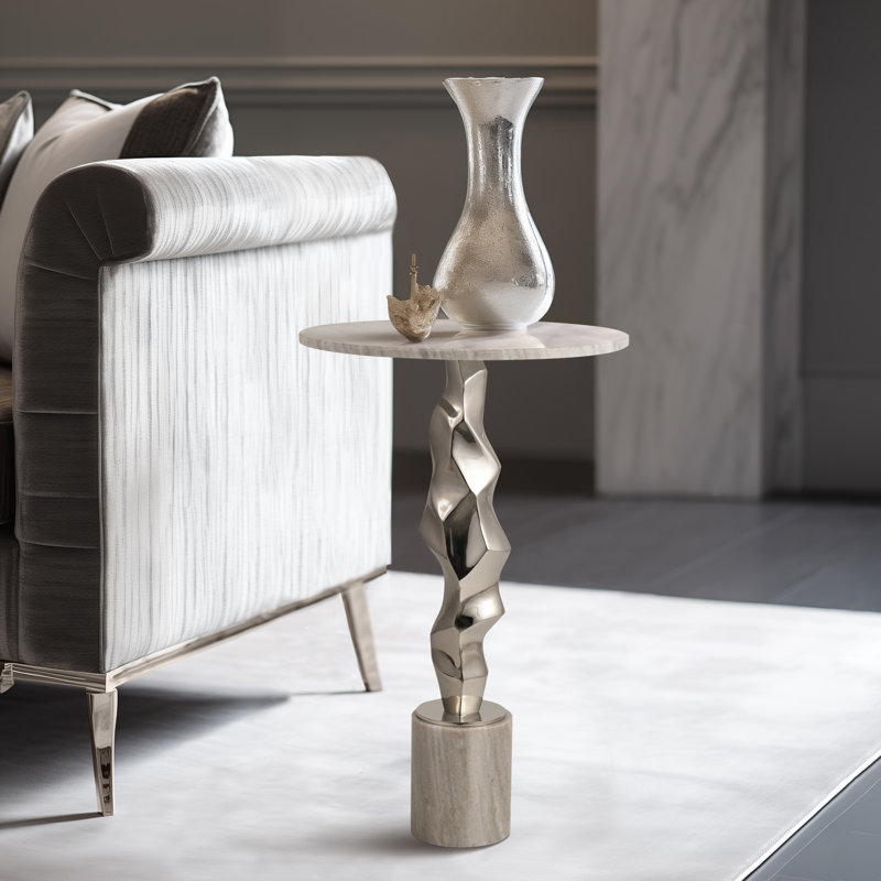 Rejanae Modern Metal and Marble Accent Table with Sculptural Aluminum Base, Contemporary Side Table with Sleek Design and Elegant Stone Top for Home Decor