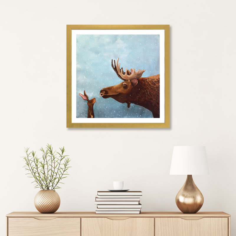 «Moose and Rabbit» par Lucia Stewart - impression sur toile, H 24 po x l 24 po x p 1 po, Papier encadré doré, Blanc