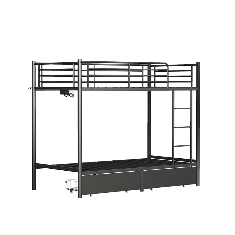 Lit superposé en métal simple au-dessus de simple avec 2 tiroirs de rangement, avec station de charge USB et éclairage à DEL, aucun sommier nécessaire, noir