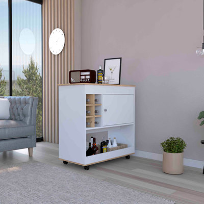 Chariot-bar moderne, panneau inférieur, six casiers à bouteilles, une armoire - chêne clair / blanc