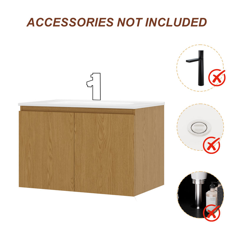 Meuble-lavabo flottant mural simple 30 po avec lavabo en céramique Sylvan, noyer naturel, contreplaqué de bois franc, portes à fermeture en douceur et rangement réglable