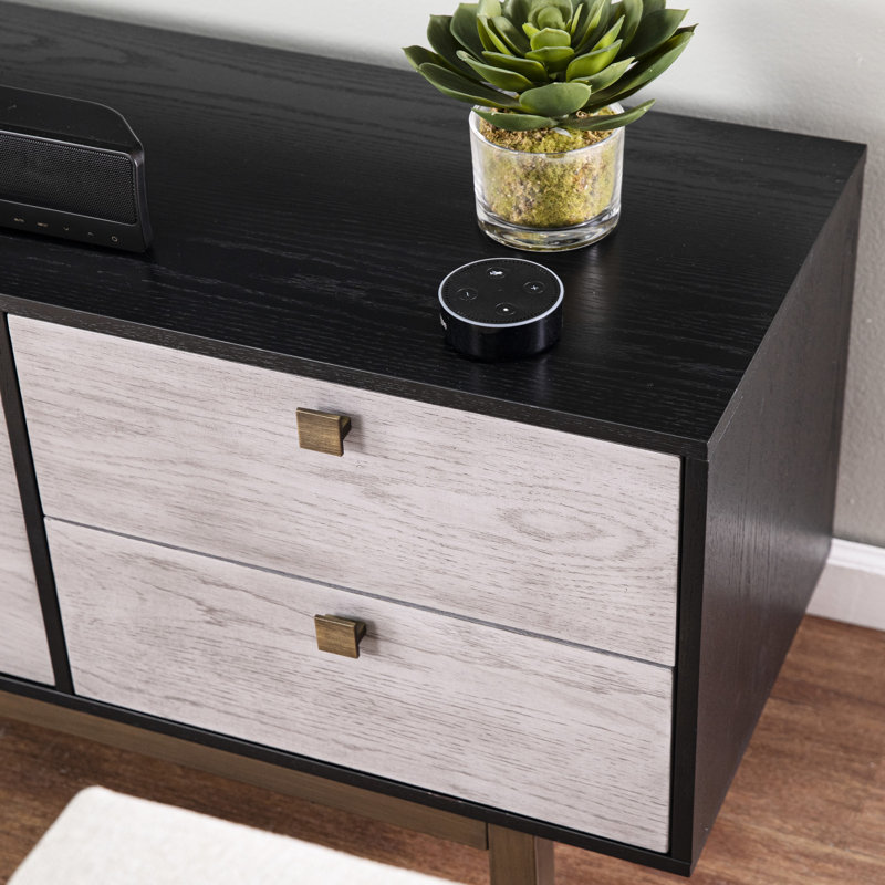 Console média moderne, rangement gris pour téléviseurs de 60 à 69 pouces, portes doubles, 2 tiroirs, console d'apparence à pattes en bronze antique, base Suits