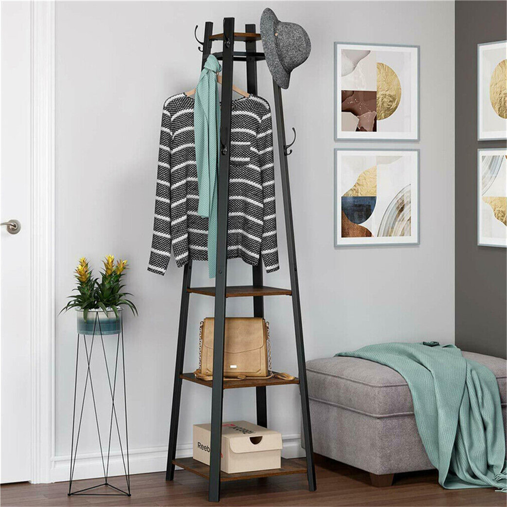 Tall 8- Hooks Freestanding Coat Rack With Storage Shelves Coat Rack Stand