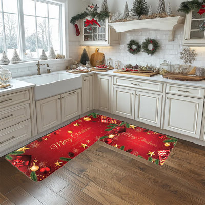 Ensemble de 2 tapis de cuisine de Noël rouges et de tapis pour tapis de sol antidérapant kbndieu 2 pièces Merry Christmas Kitchen Decor