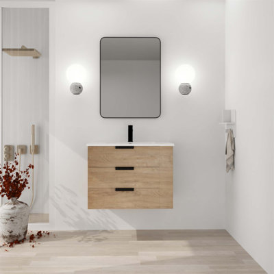 Meuble-lavabo mural de 30 po avec tiroir à fermeture en douceur, tablette latérale et lavabo en résine pour un rangement moderne et efficace