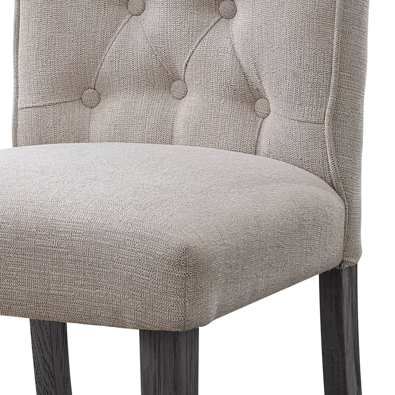 Chaise rembourrée en lin beige et gris (2) - dossier à boutons, coussin épais, sans accoudoirs, bois synthétique, capacité de 220 lb, paire de coussins légèrement rembourrés de mousse, base en bois, 220 lb