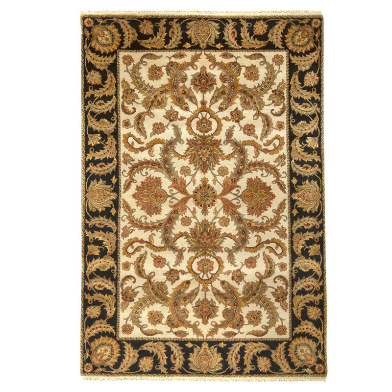 Hand Knotted Wool Oriental Area Rug in Ivory And Black