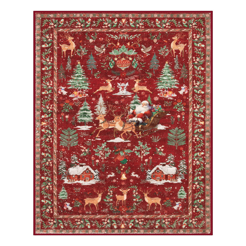Laurica Christmas Reindeer Sleigh Washable, Rectangle 8' x 10'